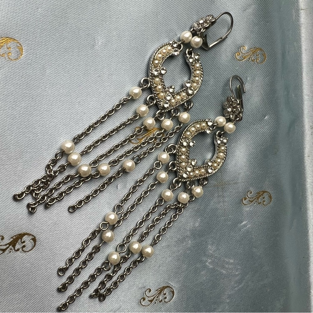 Vintage Pearl & Rhinestone Chandelier Earrings, Silver Tone Chain Fringe Drops